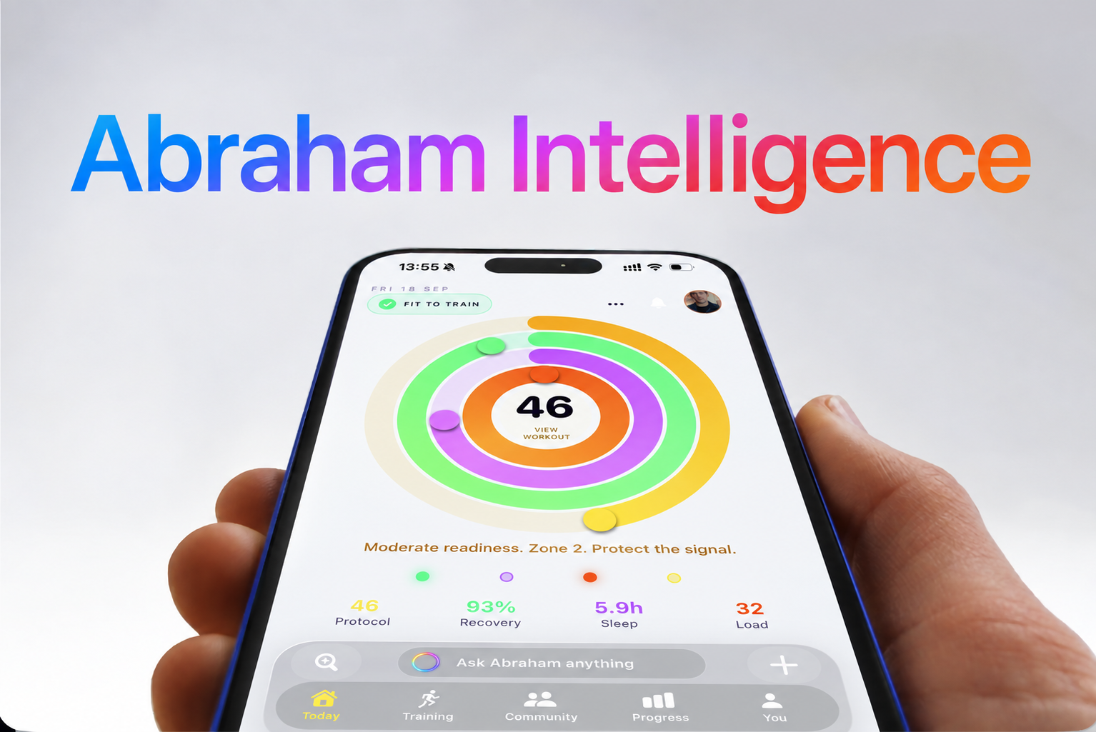 Abraham Intelligence: a hand holding the Unbroken app beneath a spectrum-coloured title
