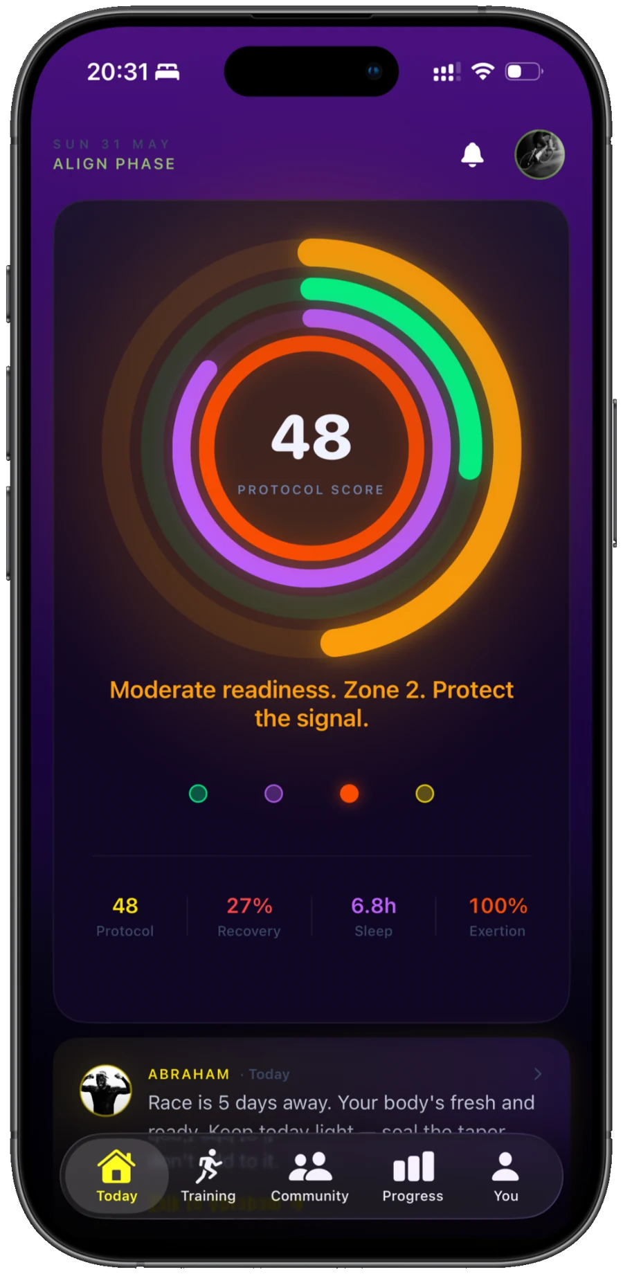 Unbroken Protocol app, Today tab showing the Protocol Score and Today’s Stack