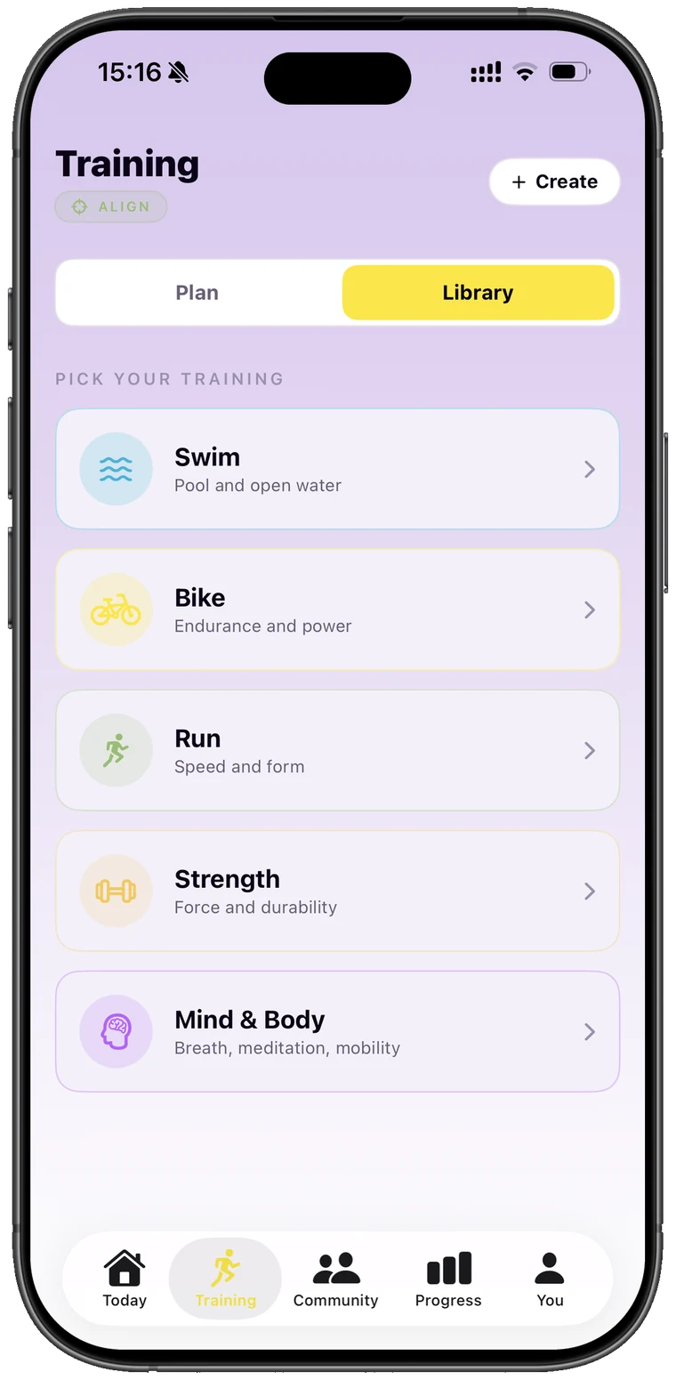 Training library, Swim, Bike, Run, Strength and Mind & Body as one library, not five apps