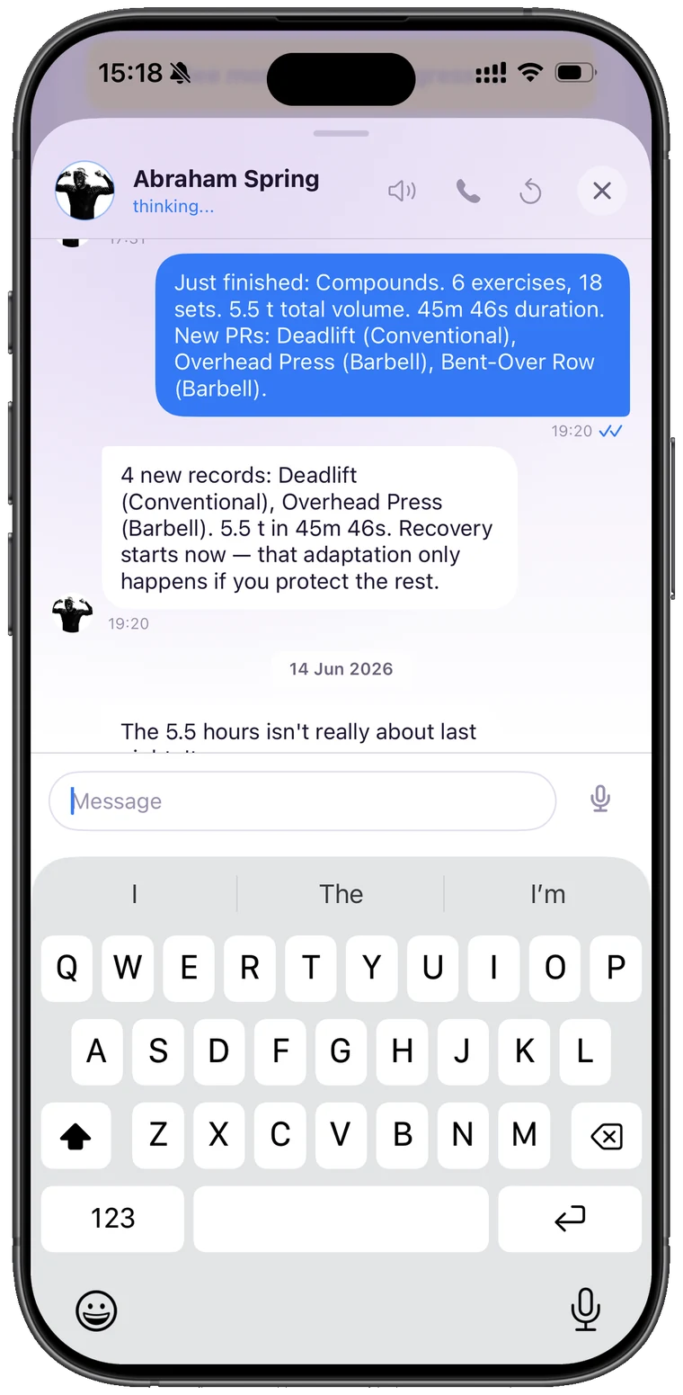 In-app conversation with Abraham reviewing a completed strength session and new personal records