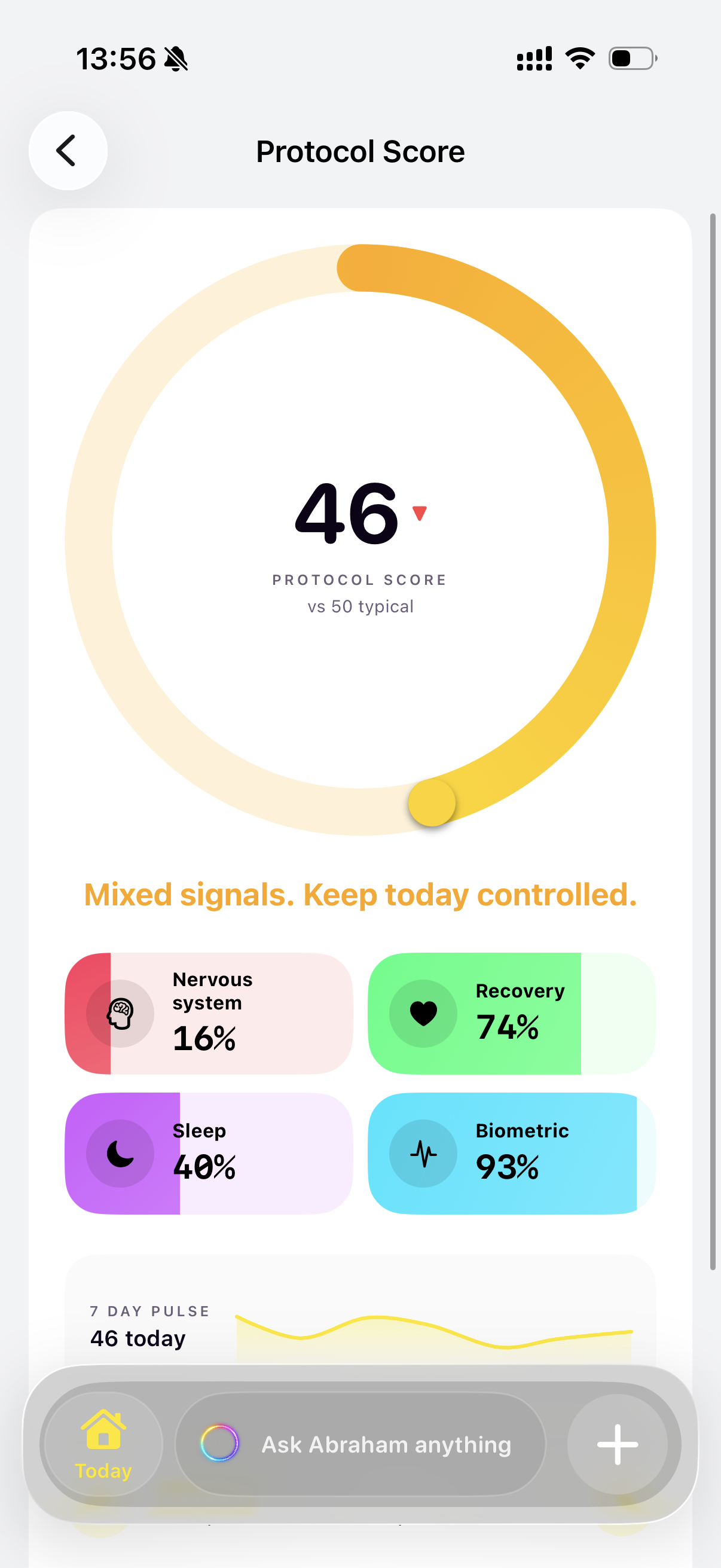 Protocol Score app view with a yellow ring and four coloured signal tiles