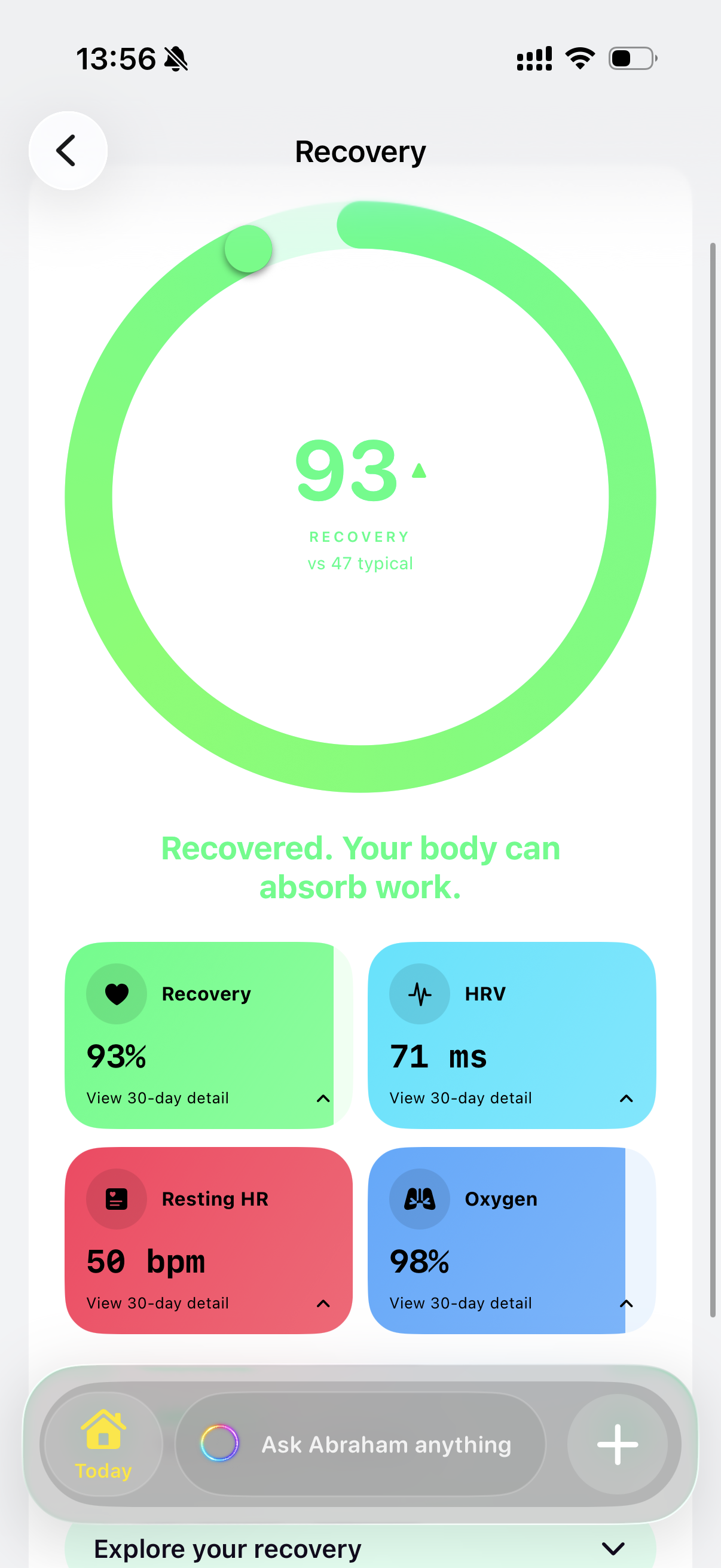 Recovery app view with a green ring, HRV, resting heart rate and oxygen tiles