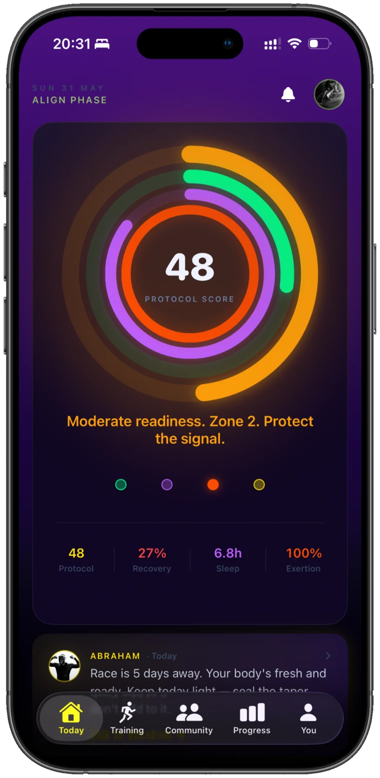 Today screen showing the daily Protocol Score and the sessions it prescribed