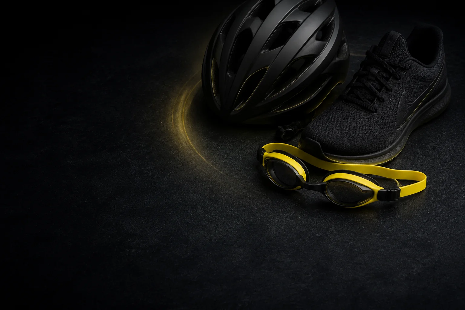 Triathlon swim, bike and run equipment arranged for a training decision