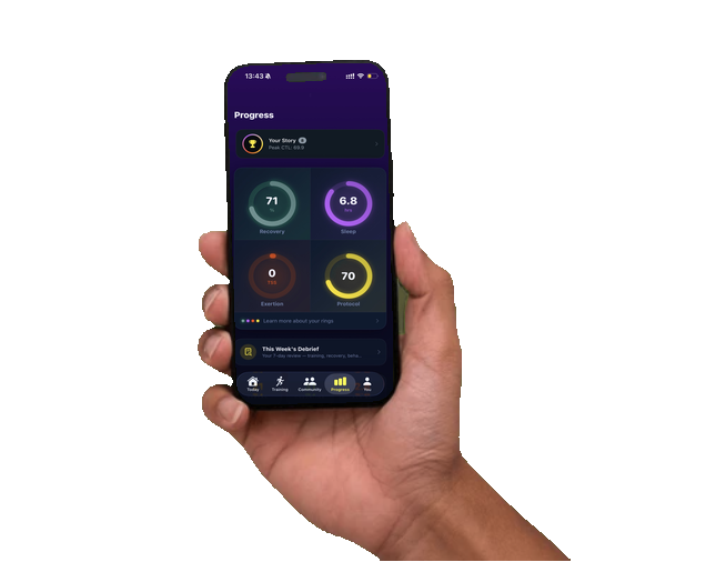 A hand holding an iPhone showing the Unbroken Protocol app — Recovery, Sleep, Exertion and Protocol rings