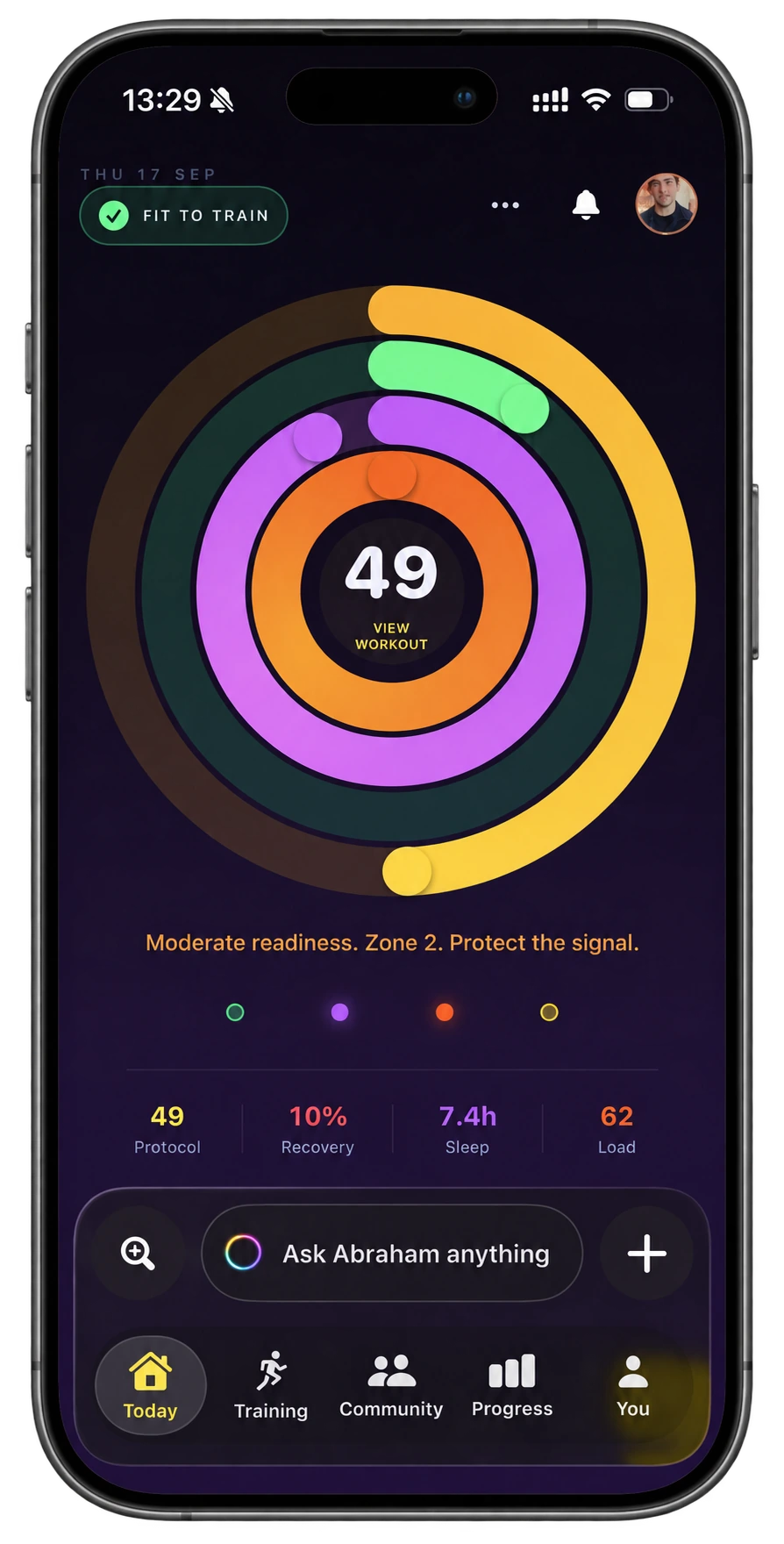 Unbroken Protocol app showing today's readiness, recovery, sleep and training load on iPhone