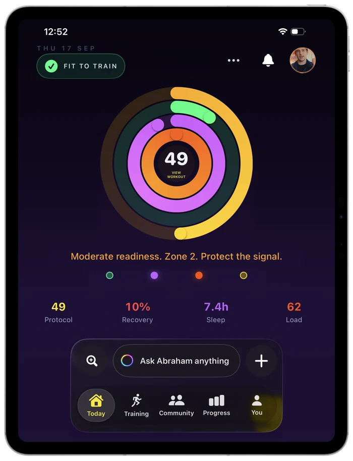 An iPad Pro showing the same Unbroken Today screen as the iPhone: Protocol 49, recovery 10 percent, sleep 7.4 hours, load 62