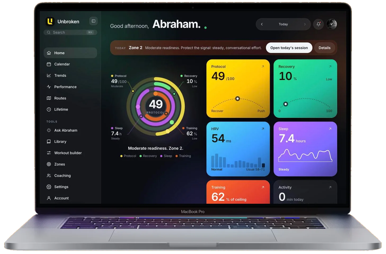 The Unbroken web dashboard on a laptop showing Protocol, Recovery, HRV and Sleep