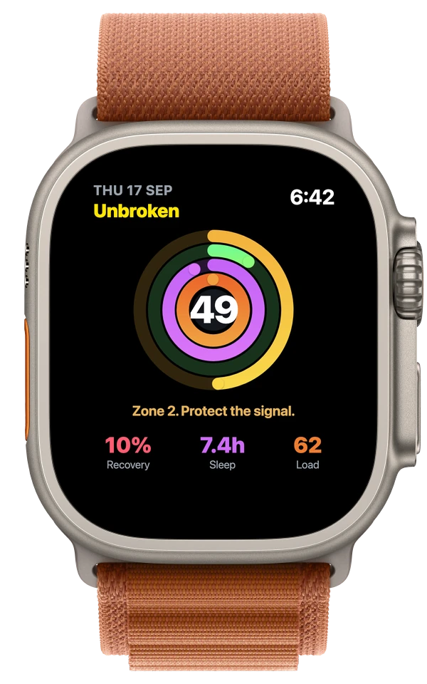 Unbroken on Apple Watch showing the four Protocol rings