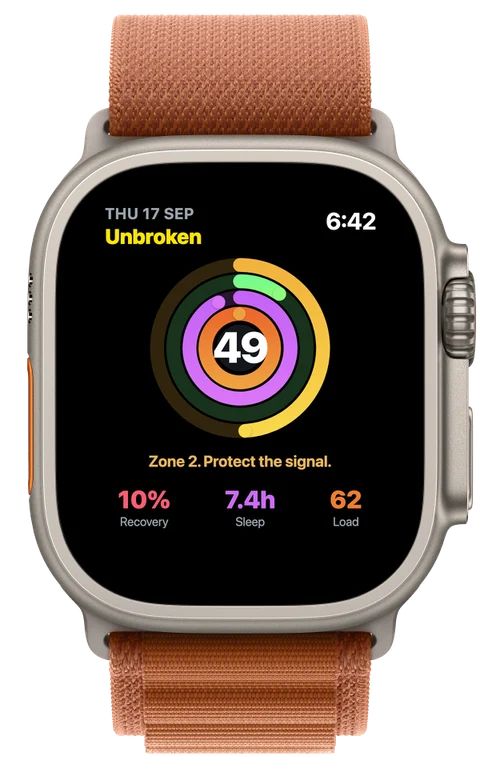 Unbroken on Apple Watch Ultra 3 showing the same Protocol score of 49 and the four rings